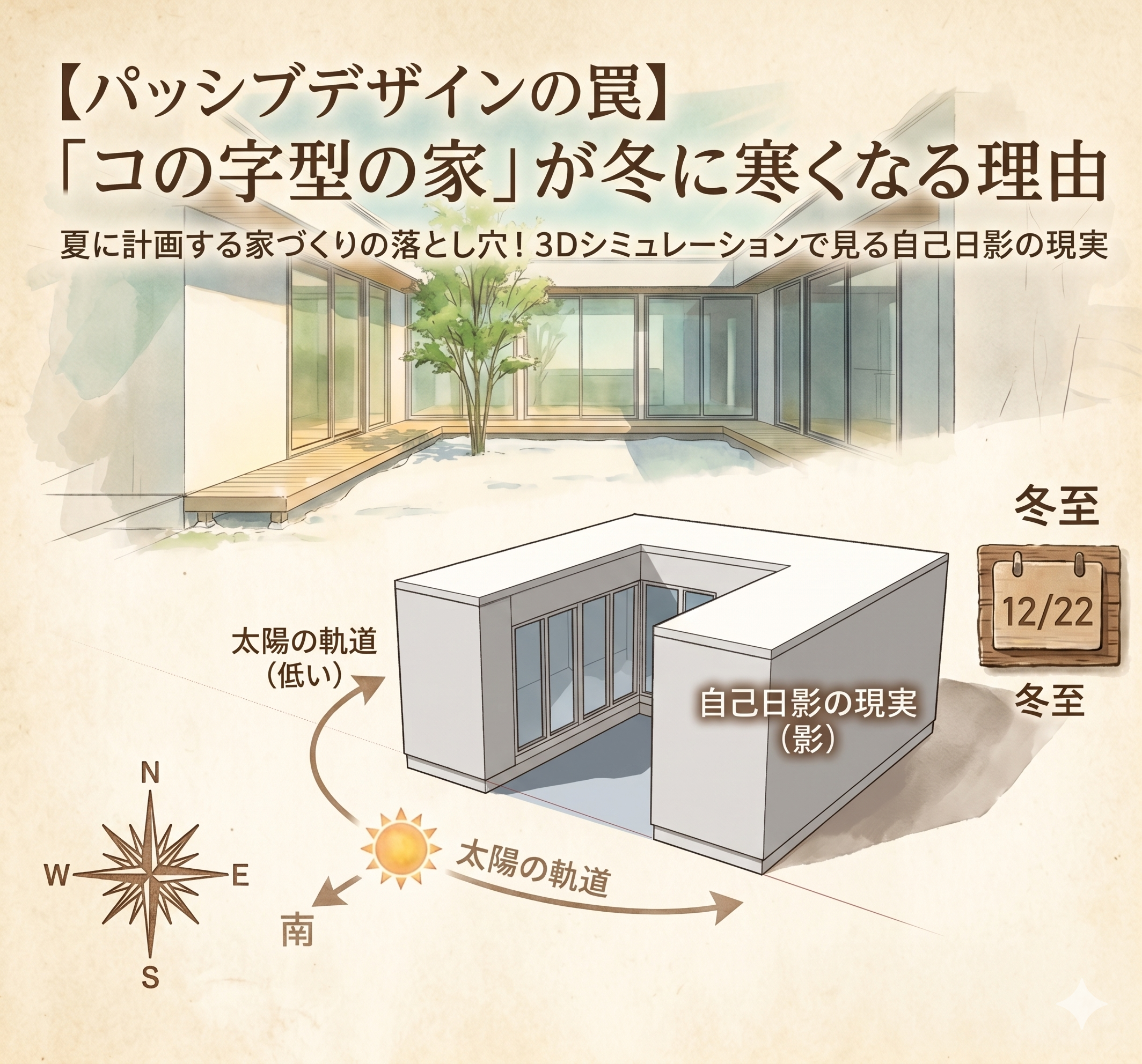 【パッシブデザインの罠】夏に向かう今こそ知りたい「コの字型の家」が冬寒くなる理由 アイキャッチ画像